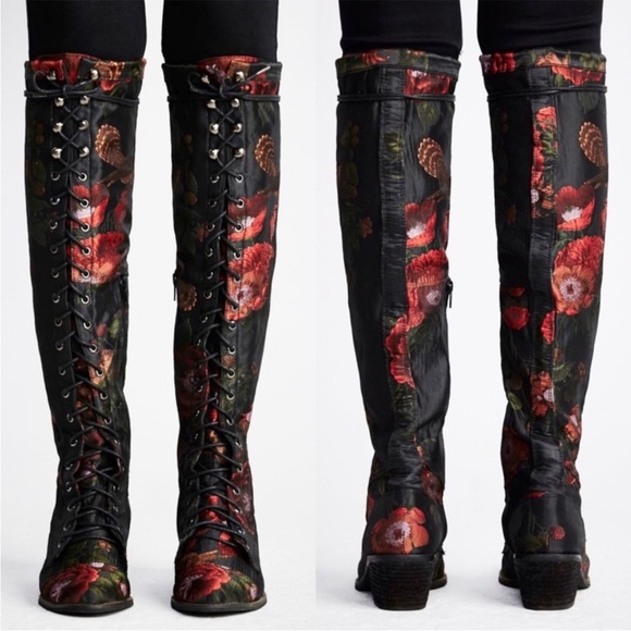 Jeffrey Campbell X Free People Floral Fabric Joe Boots Lace Up Knee High - Picture 2 of 5